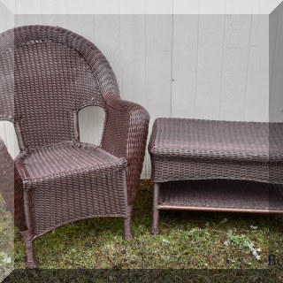 F22. All-weather wicker chair and table. Chair is $48. Table is $38.